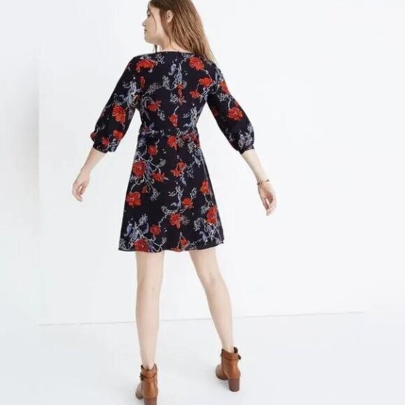 Madewell Navy Blue Windblown Poppies Floral Silk 3/4 Sleeve Ruffle Dress 14 NWT - Picture 3 of 14